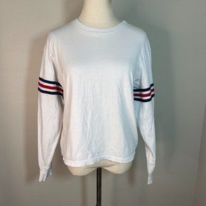 White Long Sleeve Top with Striped Sleeves